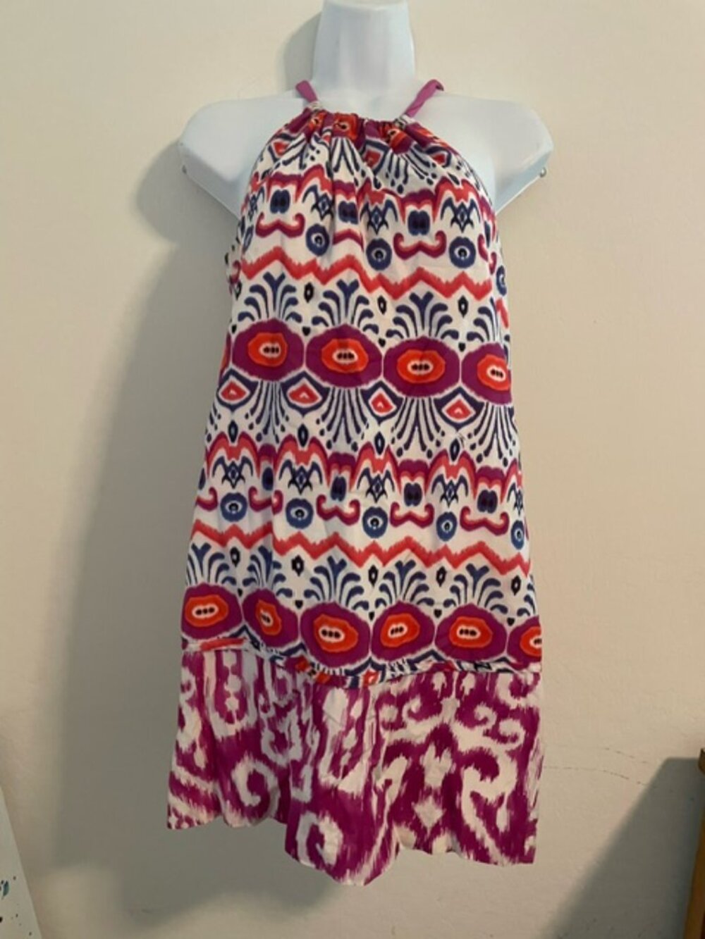 Trina Turk Dress Womens sz. 0 Cotton Silk Ikat Halter Tie Back Vivid mini